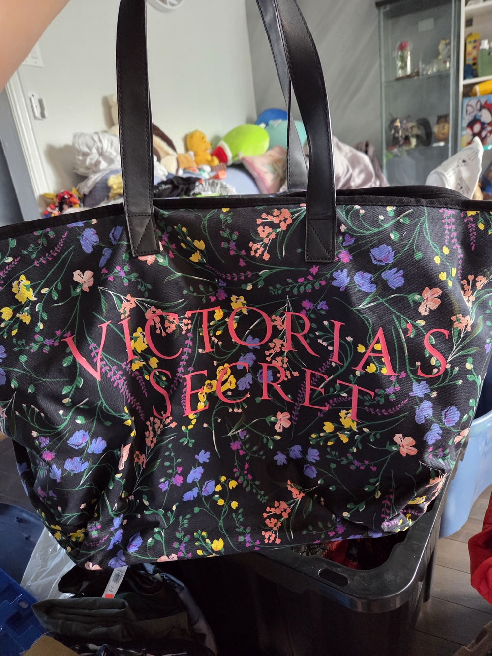 Victoria's Secret Black Floral Tote with Pink Logo